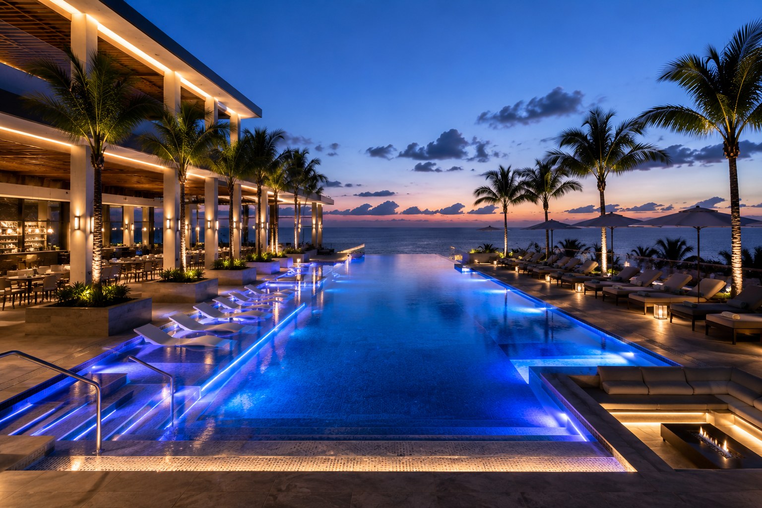Twilight infinity pool overlooking the ocean